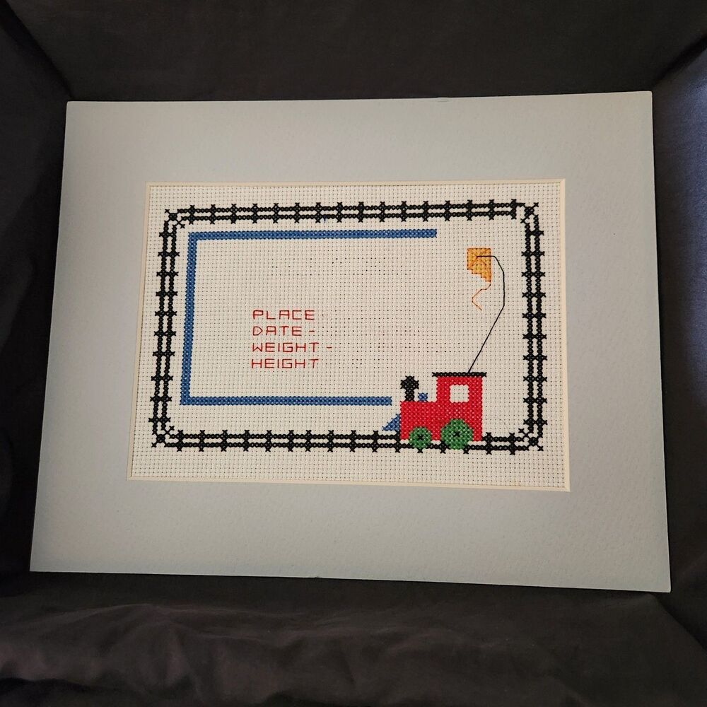 VTG COMPLETED CROSS STITCH Birth Announcement Train